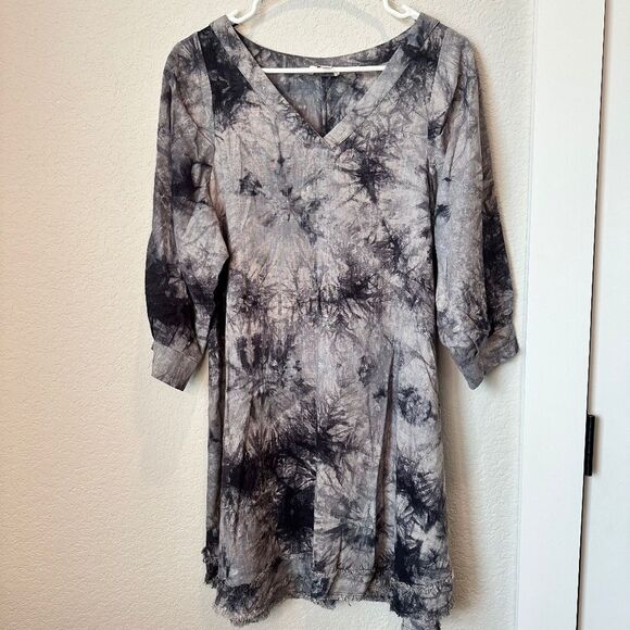 Umgee Grey Black Tie Dye Balloon Sleeves Linen Blend Tunic Mini Dress - Size S - Picture 1 of 7